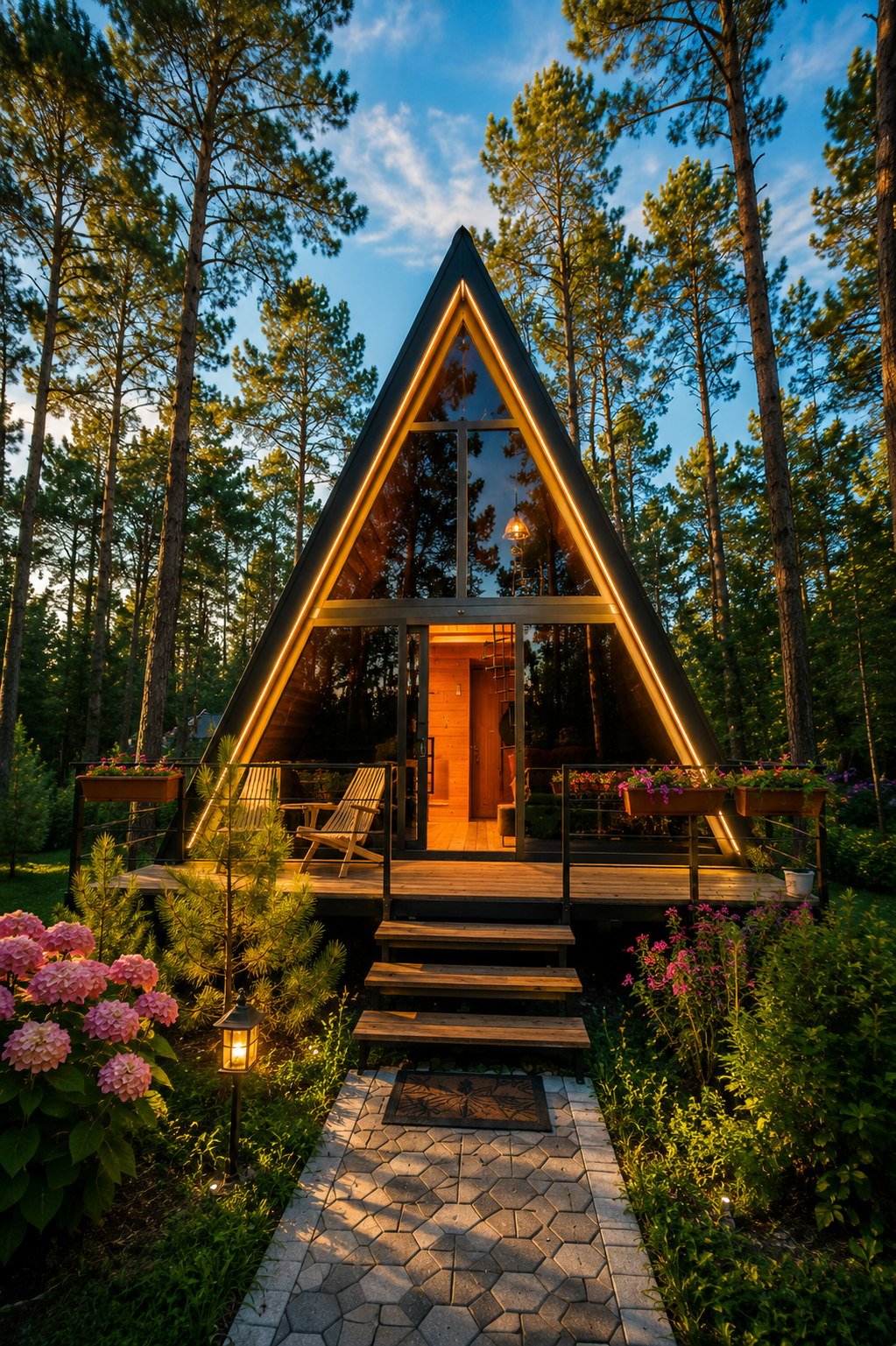 Dream Cottages Georgia frontal evening cottage in the pine garden